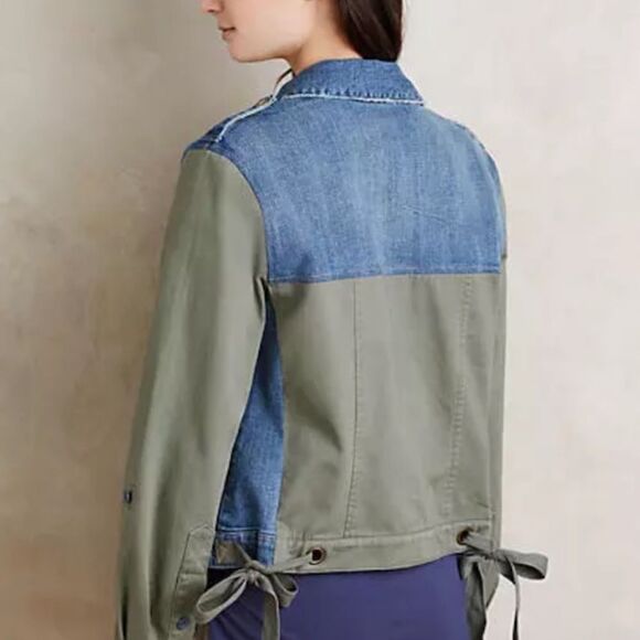 EUC Pilcro and the Letterpress Mixed Media Blue Denim & Green Twill Jacket SMALL - Picture 2 of 5